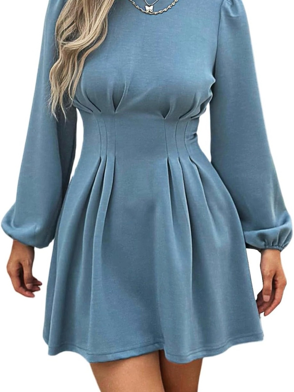 Classic Blue Long-Sleeve Pleated Waist Dress